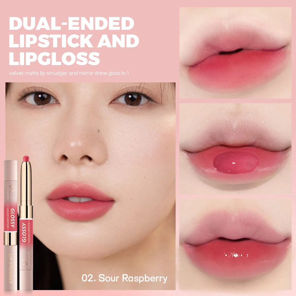 Double-ended lipstick and lip gloss set showing matte and glossy ends in one of ten available colour shades