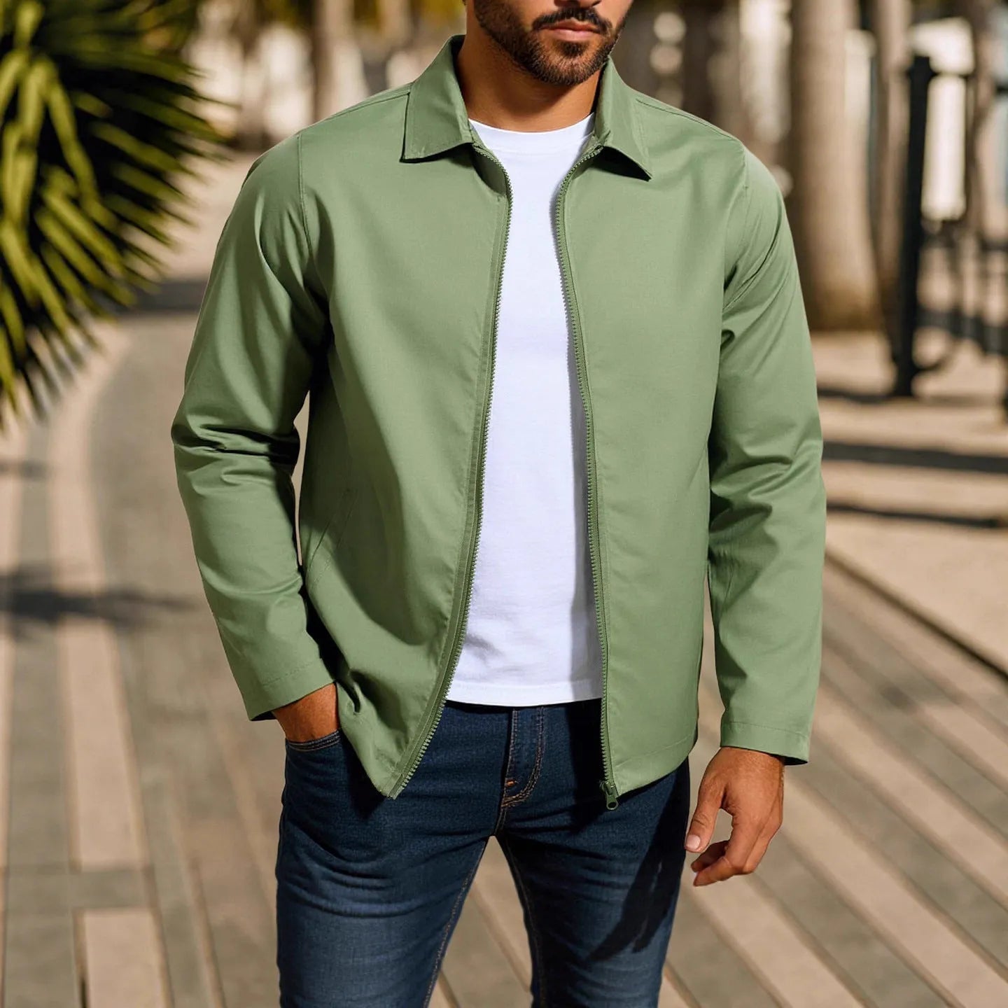 Men's zip-up cardigan jacket with raglan sleeves in polyester blend fabric