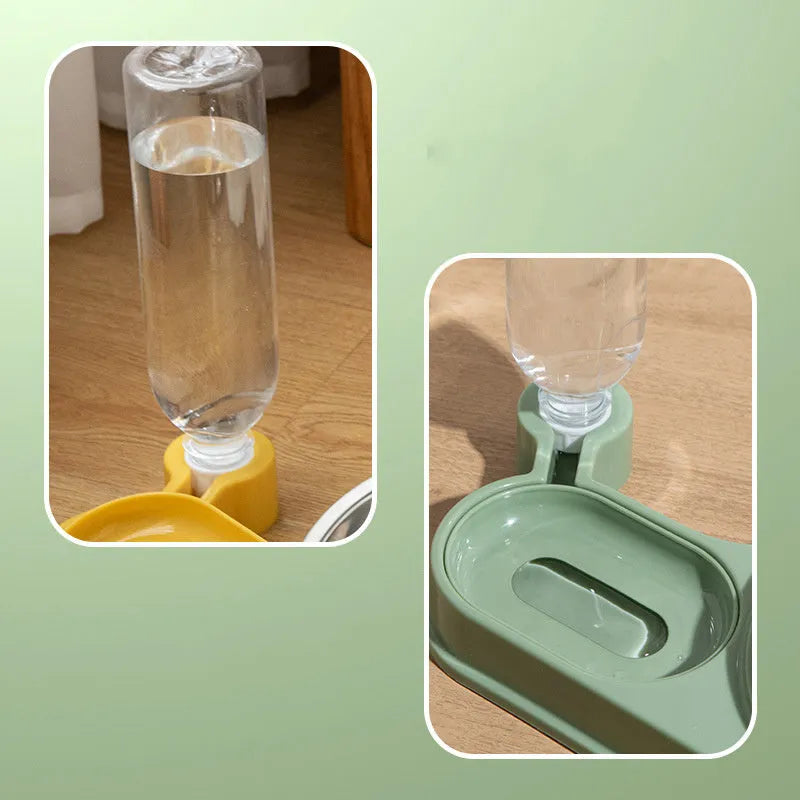 Elevated cat food bowl with attached water dispenser bottle in green colour