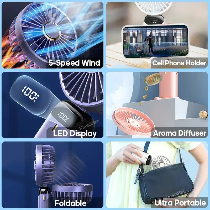 Blue portable electric fan folded at 190-degree angle showing handheld grip, desk base, and neck lanyard attachment