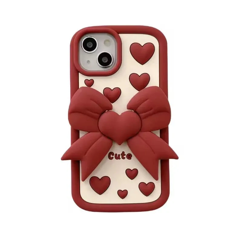 Pink 3D bracket bow heart silicone phone case for iPhone with hidden holder on the back