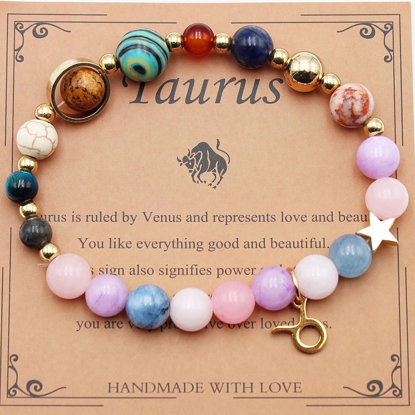 Morgan Stone beaded bracelet with twelve constellation designs, showcasing personalised zodiac signs.