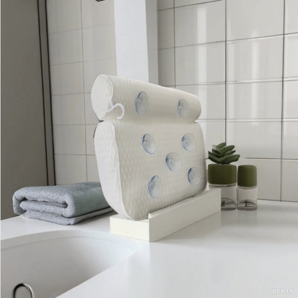 White 4D mesh bathtub pillow with non-slip suction cups, shown on a bathtub.