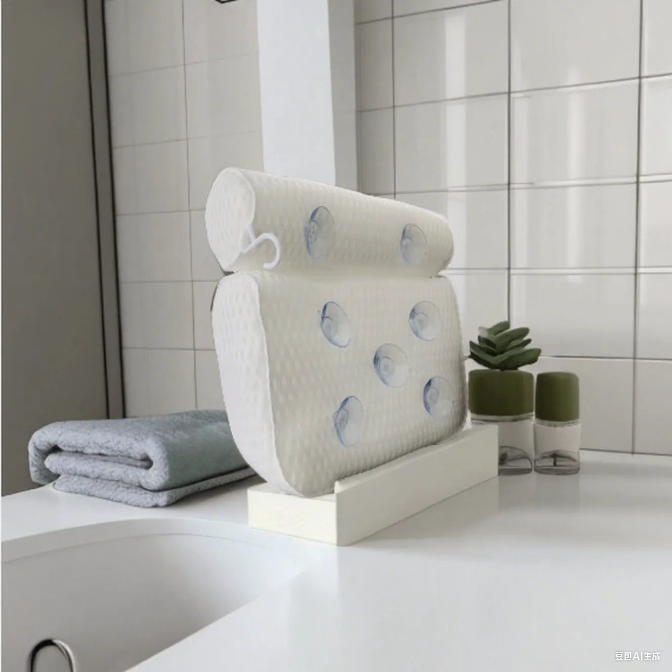 White 4D mesh bathtub pillow with non-slip suction cups, shown on a bathtub.