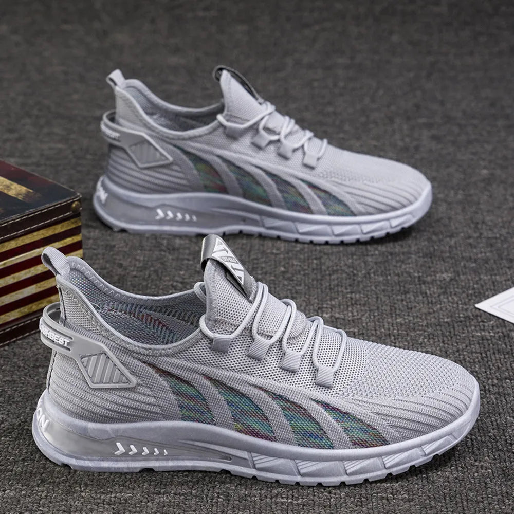 Men's low-top mesh sneakers in black, gray and beige colours with flat plastic sole