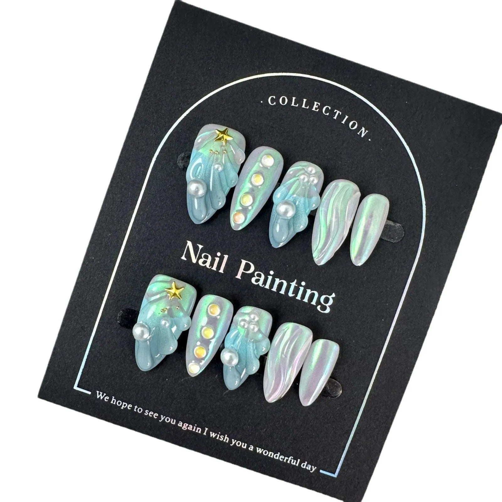 Blue plastic shell-shaped artificial nail stickers in four sizes XS S M L