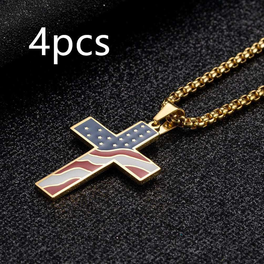 Men's stainless steel flag cross necklace in Black, Gold, and Silver options