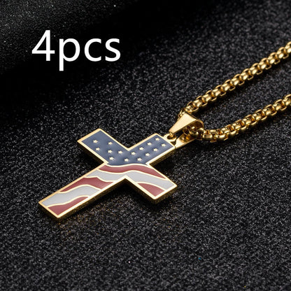 Men's stainless steel flag cross necklace in Black, Gold, and Silver options
