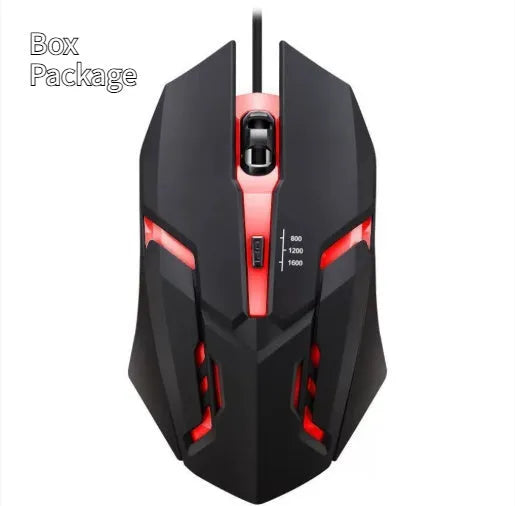 Wired USB mouse with colourful breathing light and 1.2-metre cable on a desk