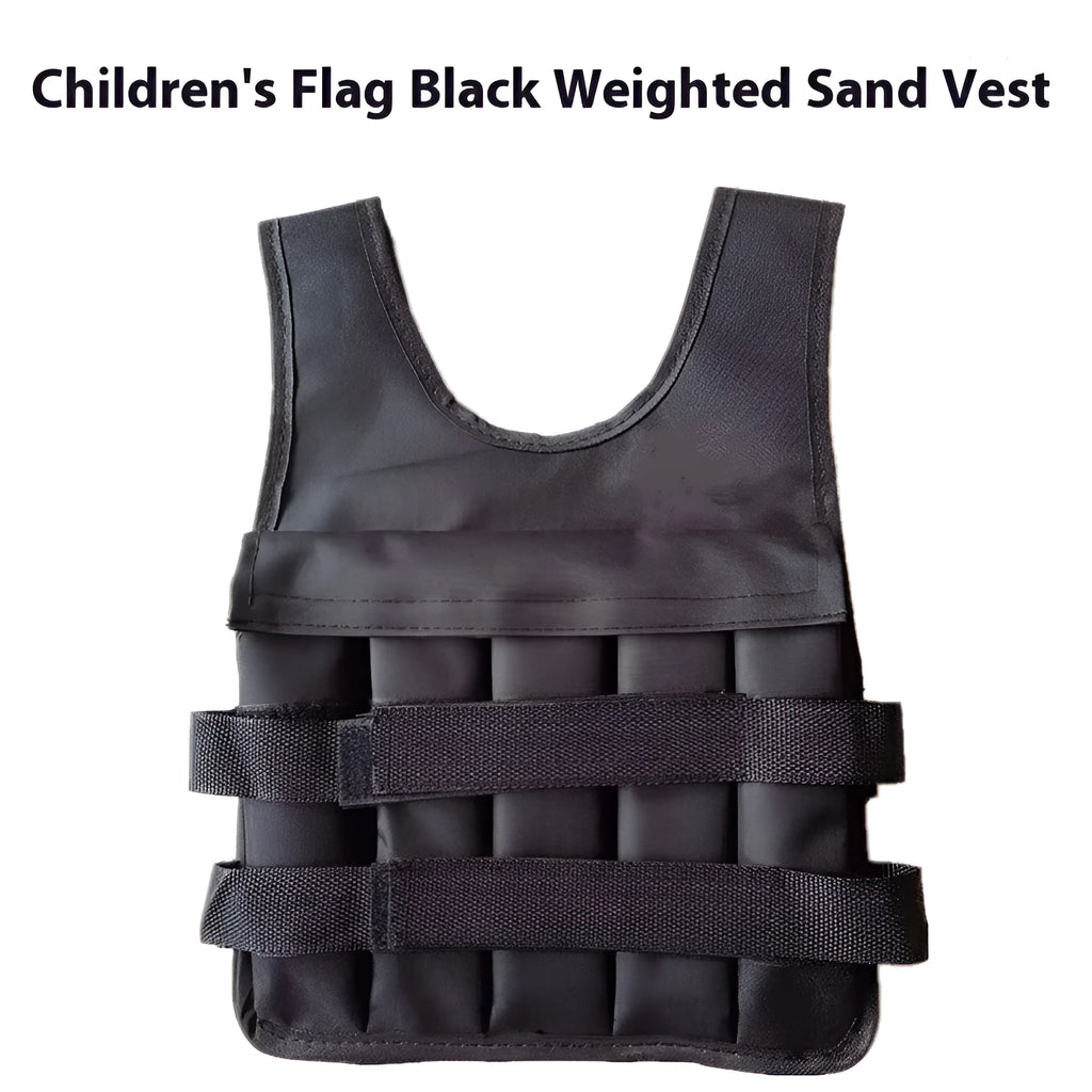 Children's adjustable sand vest with weight pockets showing height ranges 80-160cm and load options 2kg to 8kg