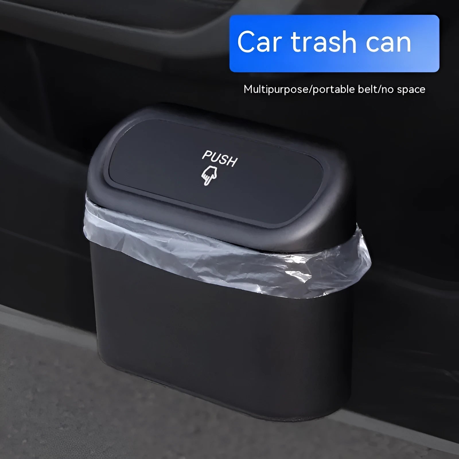 Black folding plastic car trash can shown in a vehicle footwell.