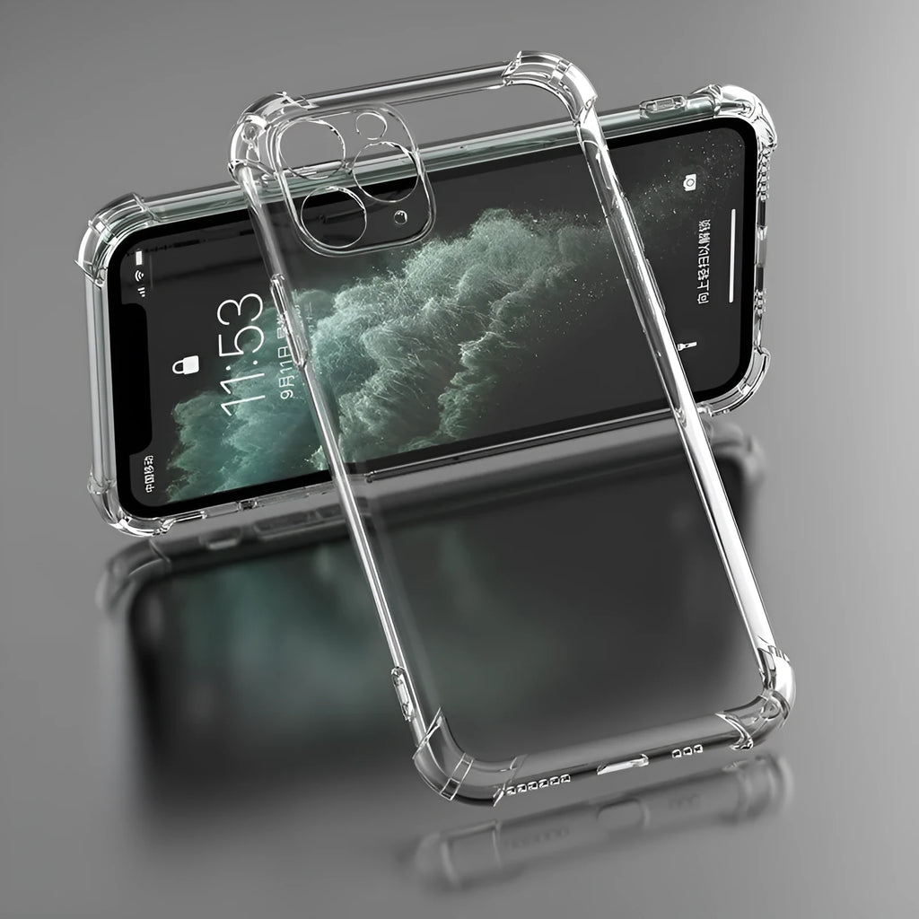 Clear transparent shockproof TPU phone case for Apple iPhone models on a table.