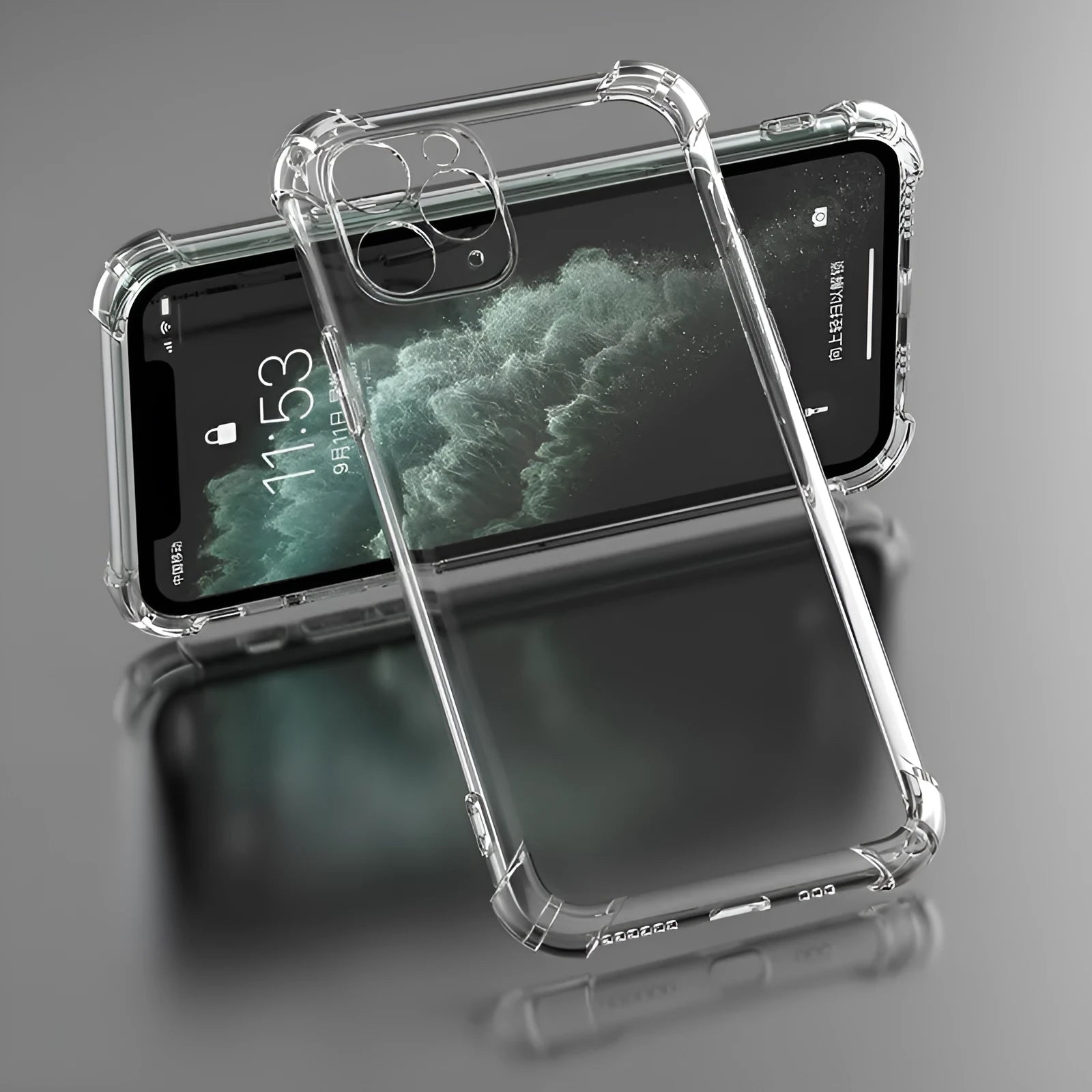 Clear transparent shockproof TPU phone case for Apple iPhone models on a table.