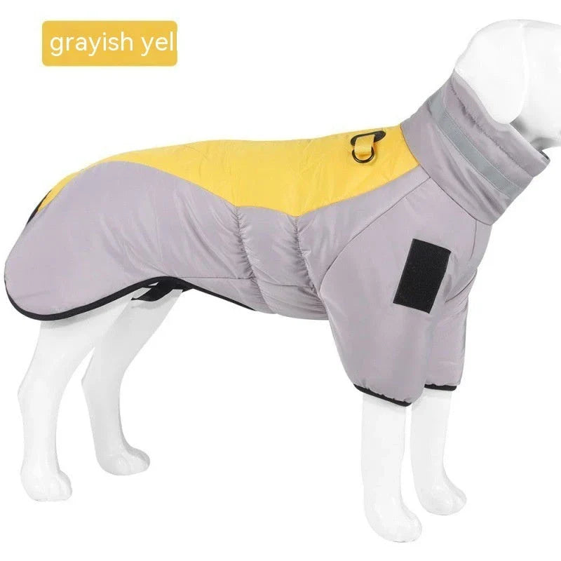 Cozy and waterproof dog coat with thickened insulation, skin-friendly crystal velvet, and adjustable fit for medium to large breeds.