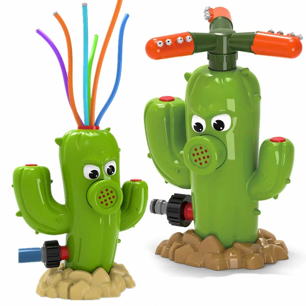 Colorful outdoor sprinkler toy with various water spray designs for backyard summer fun