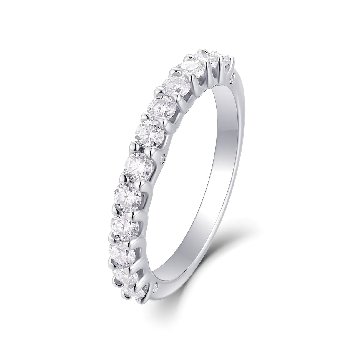The Radiance moissanite wedding ring in S925 silver with platinum plating, on a white background, with GRA certificate and gift box