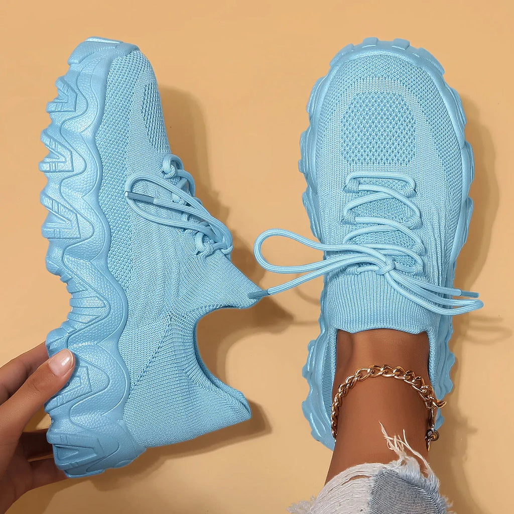 Plus size women's fly-knit sports shoes with platform heel, breathable mesh upper, available in multiple colours