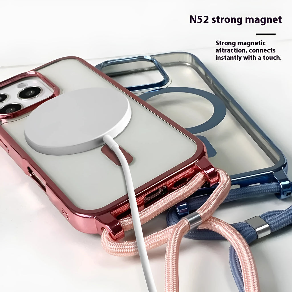 Transparent magnetic lanyard phone case for iPhone with black lanyard, TPU shockproof material, electroplating finish