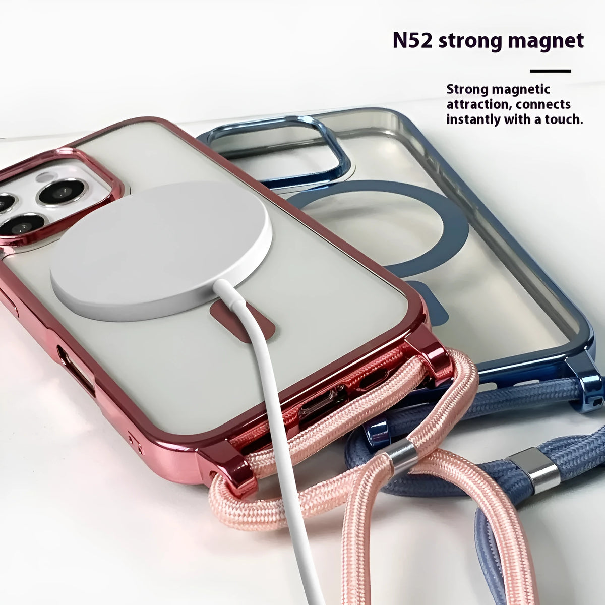 Transparent magnetic lanyard phone case for iPhone with black lanyard, TPU shockproof material, electroplating finish