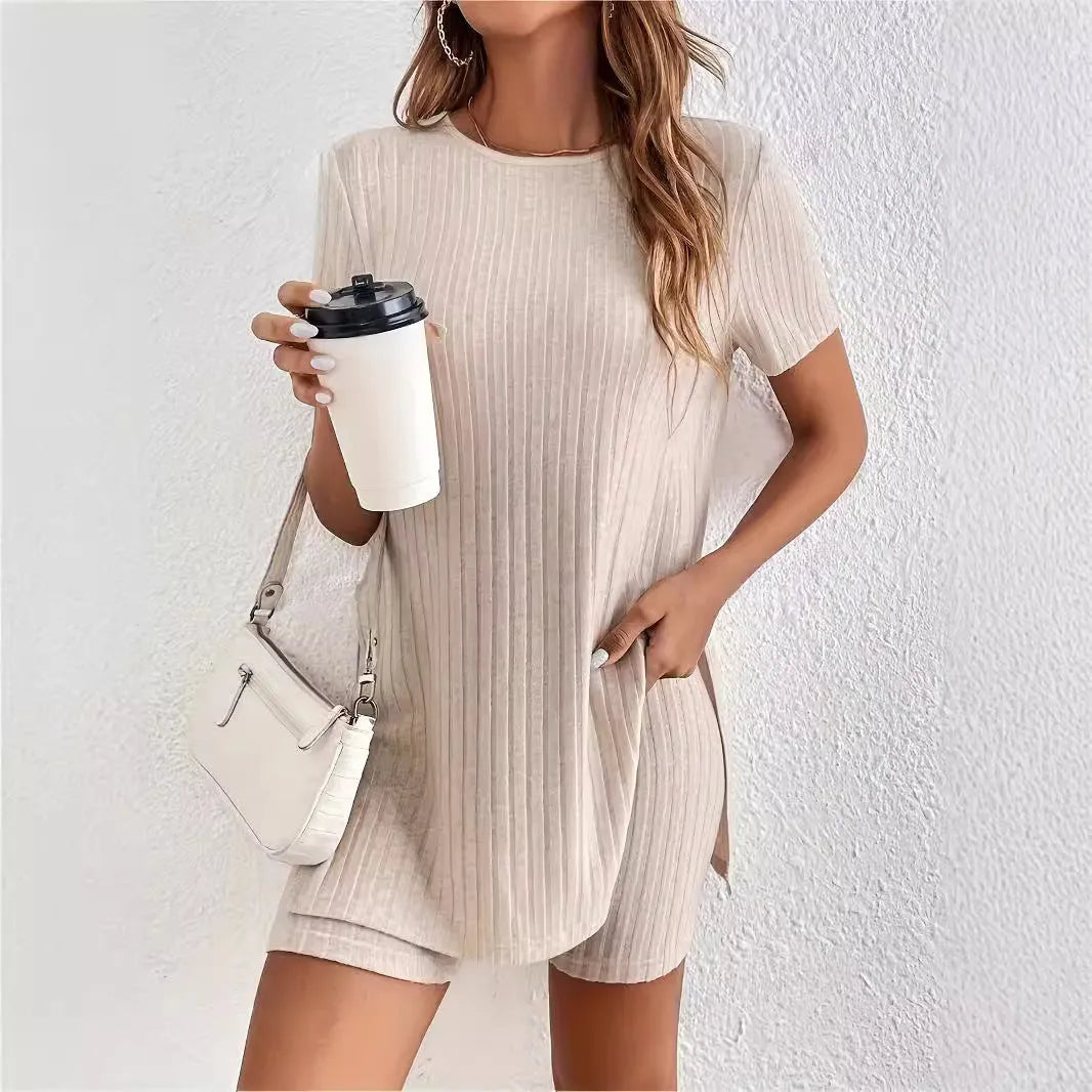 Women's ribbed cotton crew neck short sleeve top and shorts lounge suit set in grey