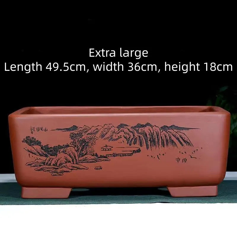 Handmade purple clay rectangle bonsai pot for large trees with blue glaze finish