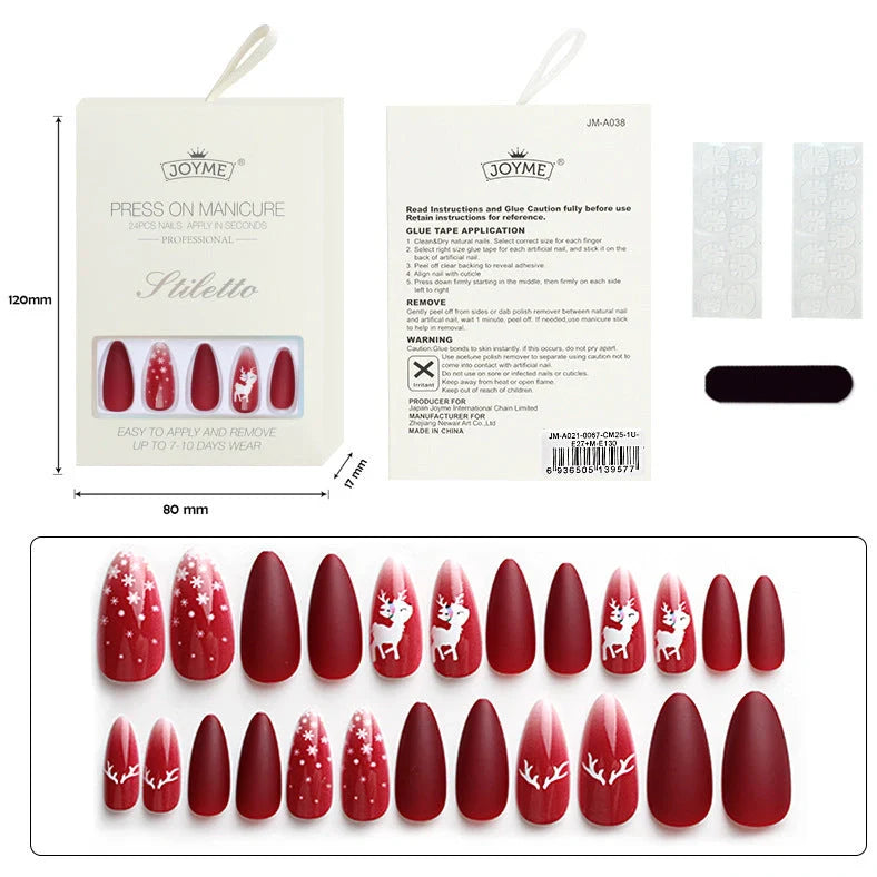 Christmas nail tips showing long, drop-shaped and almond shapes with bronzing and 3D finishes