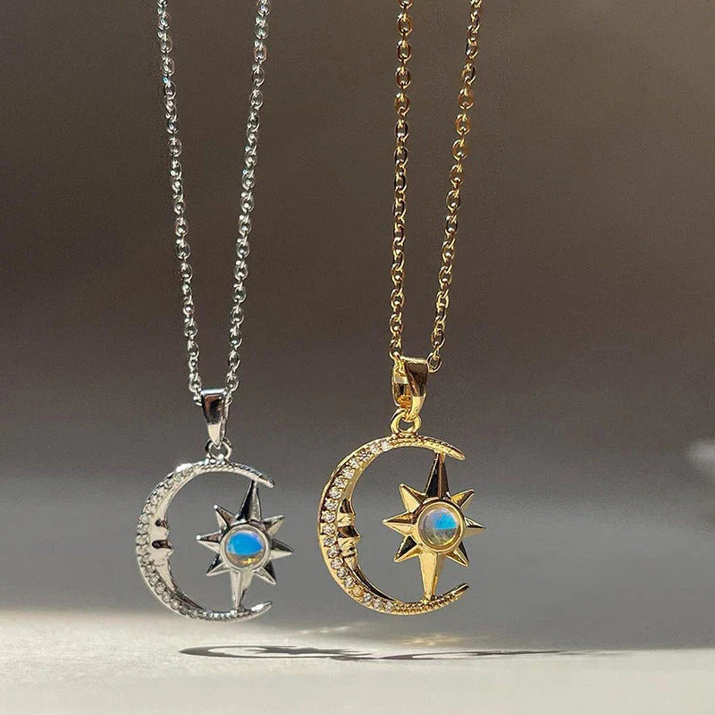 Elegant moon and star zircon necklace made of stainless steel with a comfortable, lightweight design