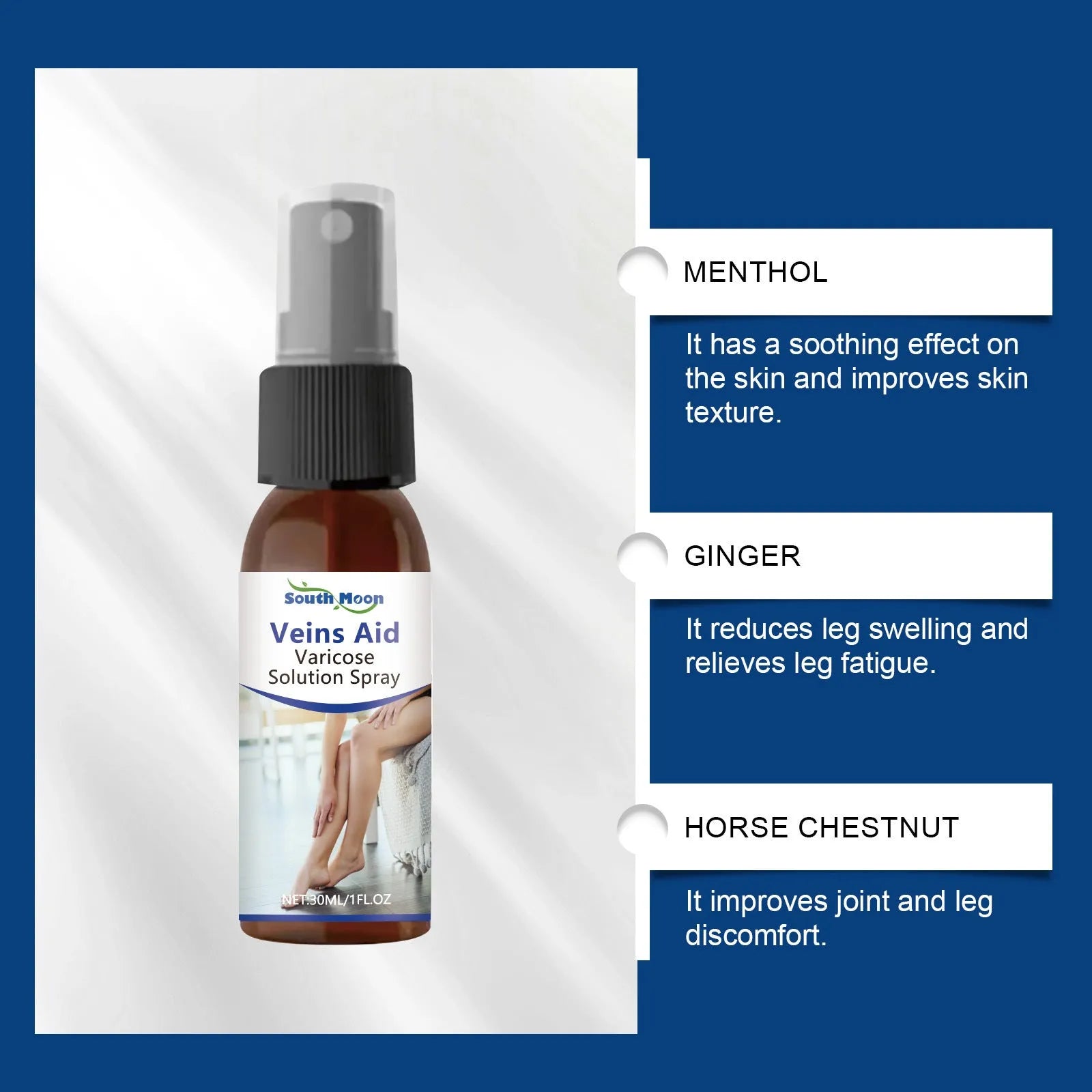 30ml leg care massage spray bottle with spray mechanism containing menthol, ginger and horse chestnut extracts