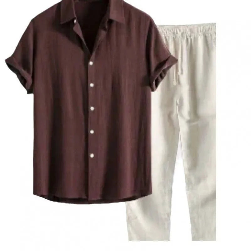 Men's loose fit casual short sleeve shirt and trousers set in linen-style fabric.