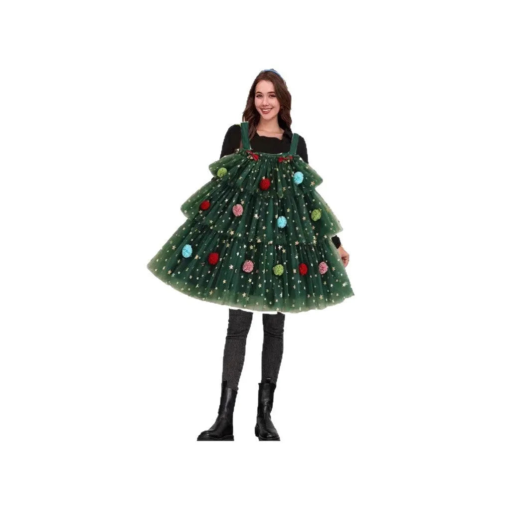 Green mesh polka dot Christmas dress with tiered skirt and colourful ball decoration