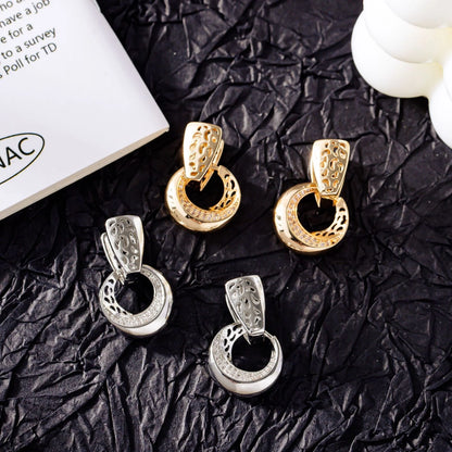 Hollow round moon drop earrings with natural zircon flower in rose gold and silver