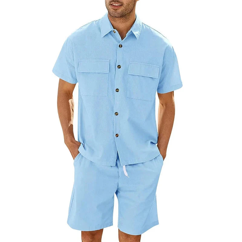 Men's summer suit set with short sleeve lapel shirt and drawstring shorts in linen-cotton blend