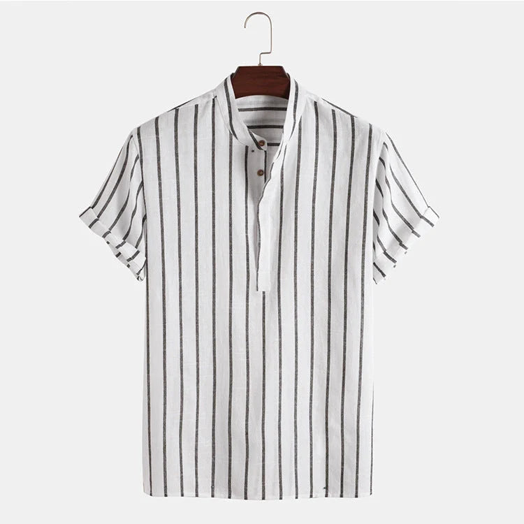 Men's striped casual short sleeve shirt in 100% cotton, available in white, red, gray, and blue.