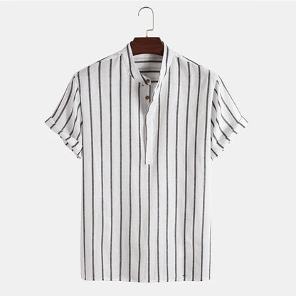 Men's striped casual short sleeve shirt in 100% cotton, available in white, red, gray, and blue.