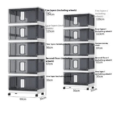 Foldable wheeled storage locker with adjustable layers in grey or white household organiser