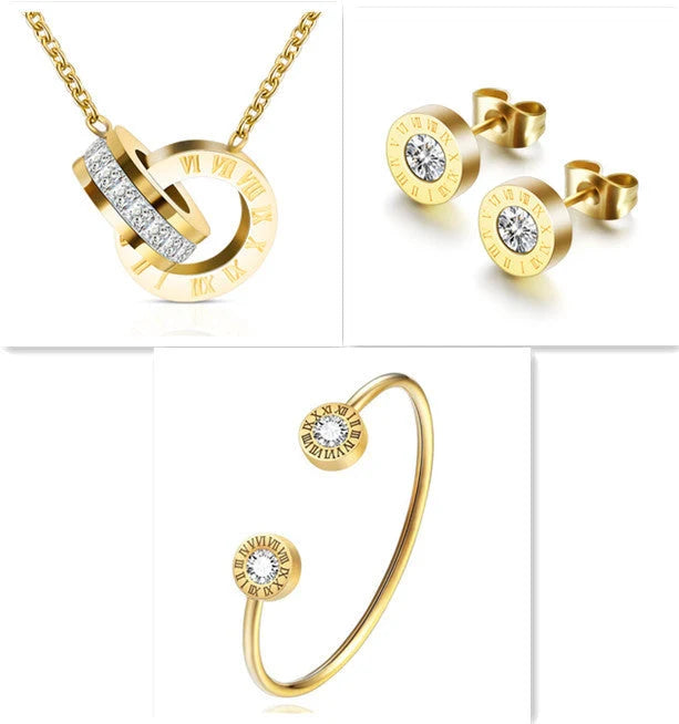 Roman Numerals and Diamond Stud Earrings in titanium steel with gold-plated finishes