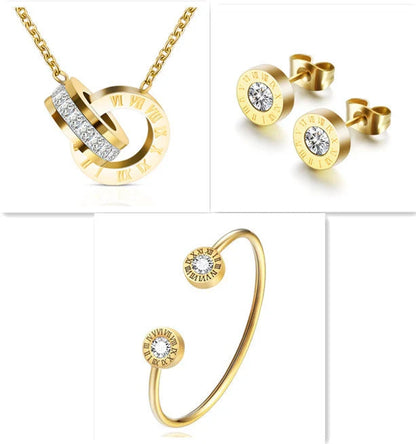 Roman Numerals and Diamond Stud Earrings in titanium steel with gold-plated finishes