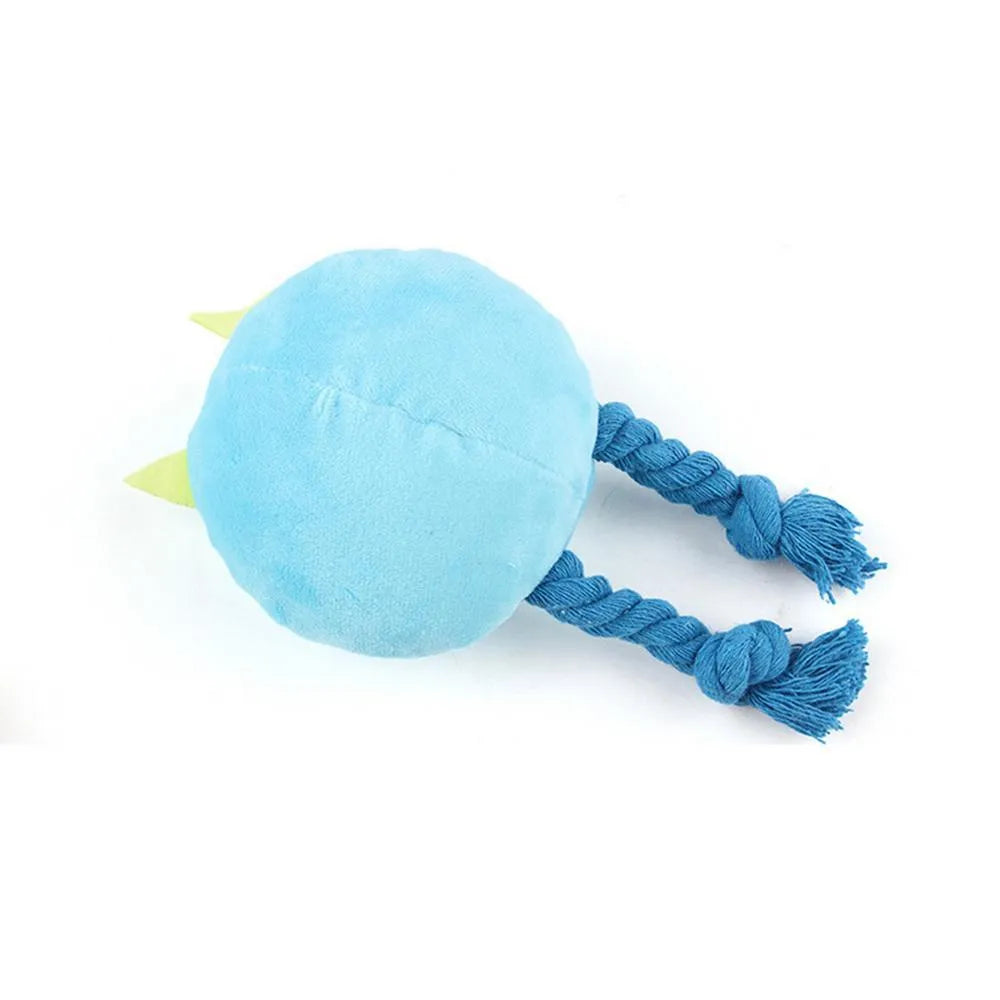 Dog squeaky toy with knot design in cotton rope, available in yellow or blue colours