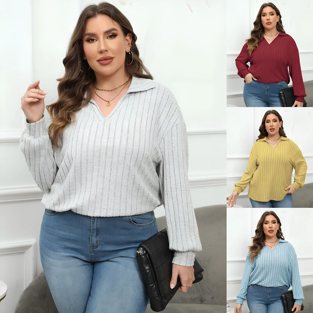 Women's plus size grey polo collar fleece pullover shirt with full lantern sleeves.