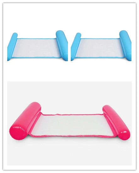 Inflatable water lounge chair in blue, floating in pool with hammock design visible