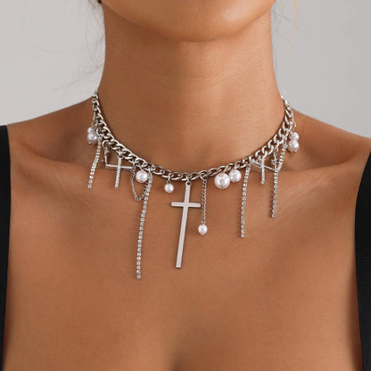 Cross Tassel Pearl Collarbone Chain Necklace in ZW1941 colour