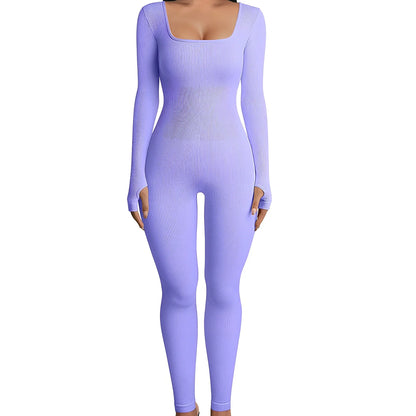 Black threaded square collar jumpsuit with slimming buttocks panel, cotton fabric, sizes S-3XL, 140cm length