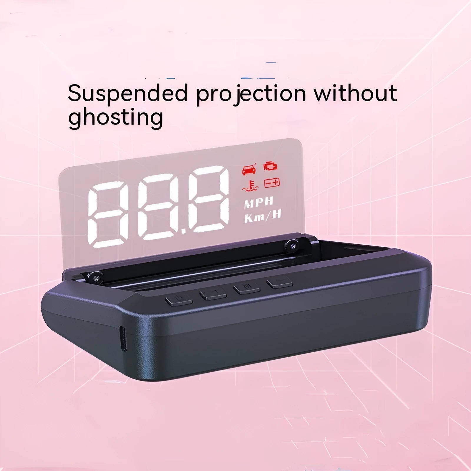 Black car head up display unit showing projected speed reading on 2 inch screen