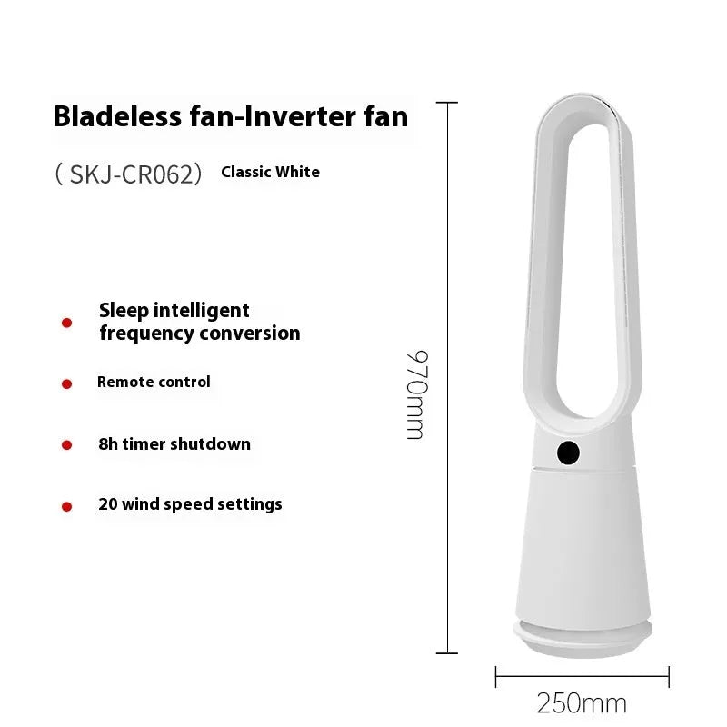 White bladeless tower fan with touch screen controls and remote on a desk.
