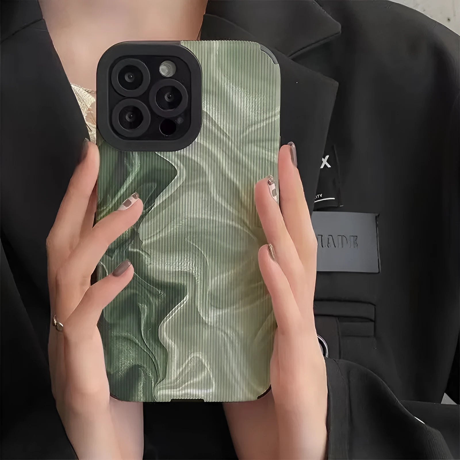 Chinese style silicone iPhone case with geometric metal stamping pattern and wavy texture surface