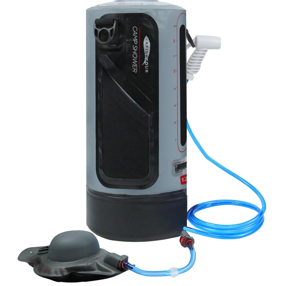 Grey 12L PVC solar shower bag measuring 43cm tall with 17cm diameter for outdoor camping