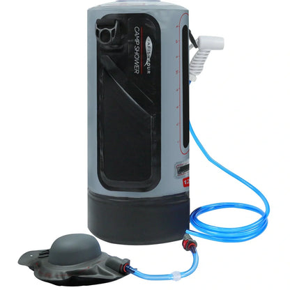 Grey 12L PVC solar shower bag measuring 43cm tall with 17cm diameter for outdoor camping