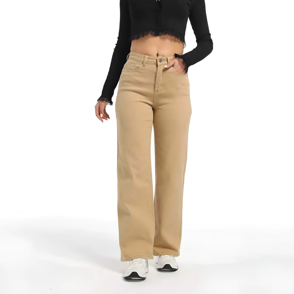 Women's straight leg jeans in apricot colour with high waist and wide leg trousers cut
