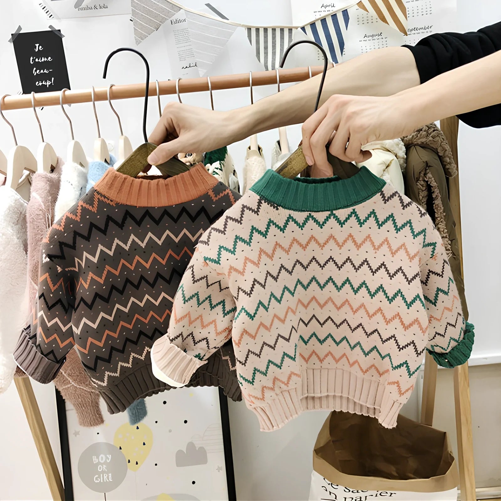 Children's long-sleeve wool sweater in apricot or brown, sizes 90-140cm with measurements length 36-52cm bust 54-74cm sleeve 31-47cm