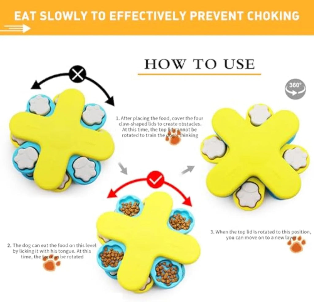 Yellow three-layer rotating dog puzzle feeder toy with claw-shaped lids on an anti-slip base.
